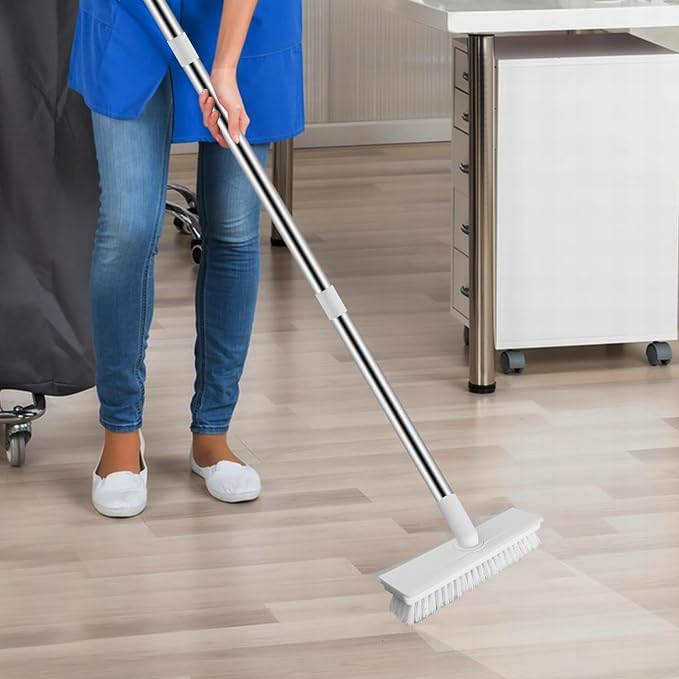 2 in 1 Floor Scrub Brush with Long Handle, White | Scrape Brush Stiff Bristle Floor Scrubber for Cleaning Shower Bathroom Garage Kitchen Wall Deck Tub Tile