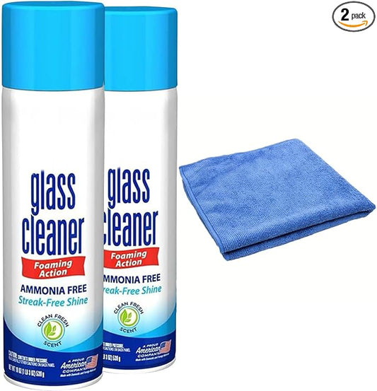 Glass Cleaner Foam, Foaming Action & Spray, 23oz - 2 Pack - Clean Fresh Scent - Bundled With Microfiber Cleaning Clothes (46 oz Total)
