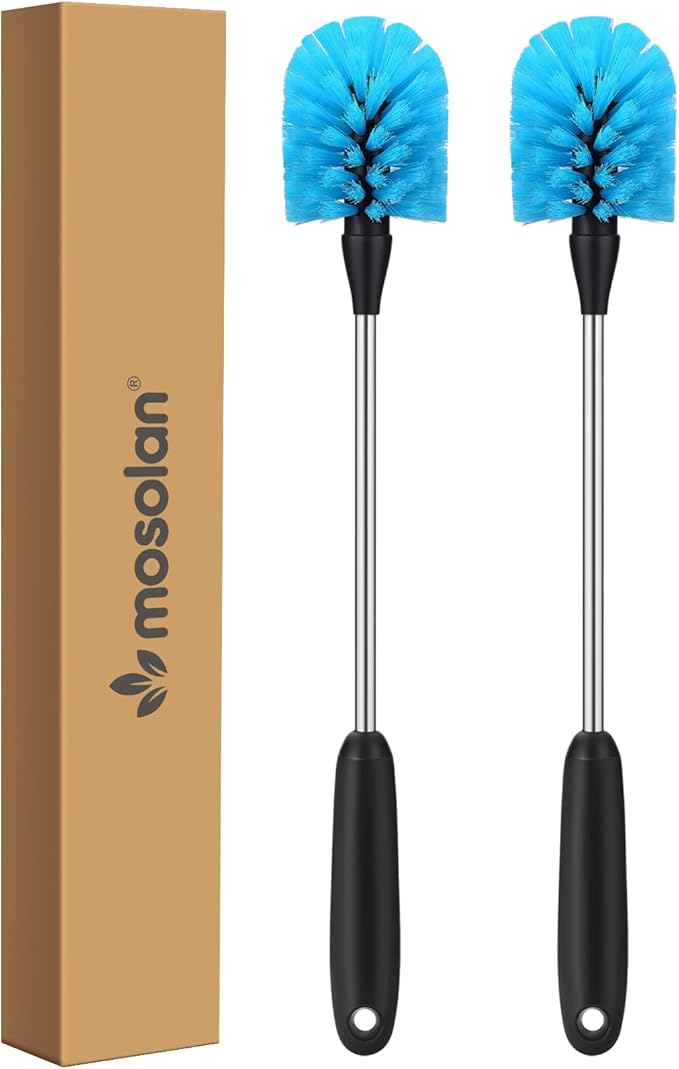 MOSOLAN Stainless Steel Water Bottle Brush, Long Handle Scrubbing Brush, Built for Cleaning Sport Bottles, Baby Bottles, Cups, Coffee Mugs, Glasswares, Wine Decanters, Flask, 2 Pack, 15 in