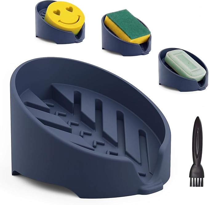 NiHome Silicone Sponge Holder for Kitchen Sink, Fits Scrub Daddy Mommy | Self-Draining Dispenser Organizer Tray, Sink Caddy Countertop Fits Soaps, Scrubber, Dishwasher Safe, Includes Brush,Dark Blue