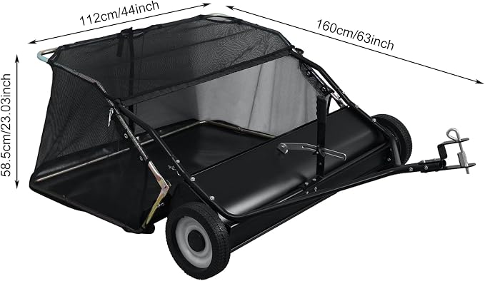 Grebest Tow Behind Lawn Sweeper for Tractors & Riding Mowers, 44" Wide, 25cu ft Large Capacity Leaf & Grass Sweeper with Adjustable Brush Height, Dump Rope, Rubber Wheels, Foldable Design