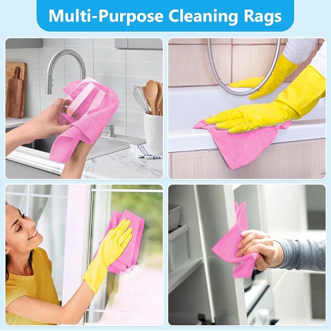 GLIMGLINT Pink Microfiber Cleaning Cloth, 100 Pack Cleaning Rags, Lint-Free, Ultra Absorbent Reusable Paper Towels for Home, Kitchen, Car, Garage or Shop, Dish Rags, 11" x 9"