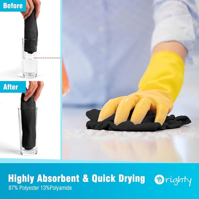 Orighty Microfiber Cleaning Cloth 5 Pack, Black Cleaning Rags 12x11 inch | Microfiber Towels for Cars, Highly Absorbent Household Cleaning Supplies, Reusable Lint Free Cloths for House, Kitchen