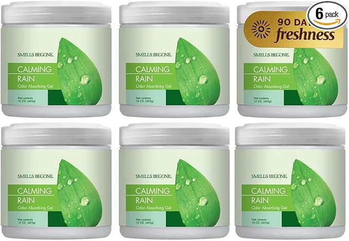 SMELLS BEGONE 15oz Gel Odor Eliminator - Absorb & Remove Tough Odors in Pet Areas, Bathrooms, Basements, Garage, Cars, RVs & Boats - Eliminate Odors Quickly (6-Pack, Calming Rain)