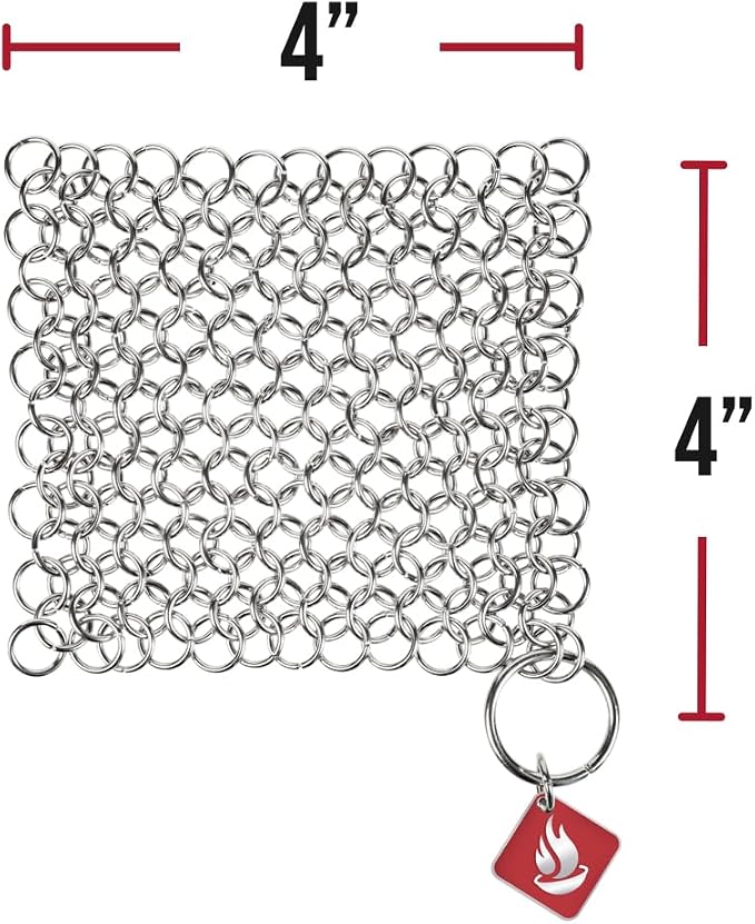 Knapp Made CM Scrubber 4" x 4" Small Ring Chainmail Cast Iron Scrubber, Premium Stainless Steel Mesh Cleaner for Pre-Seasoned Pans, Dutch Ovens, Grills and Skillets