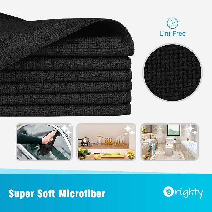 Orighty Microfiber Cleaning Cloth, Cleaning Rags, 24 Pack, 12x11 in, Black | Microfiber Towels for Cars, Soft Highly Absorbent Rag, Lint Free Cloths for Car Care, House, Kitchen