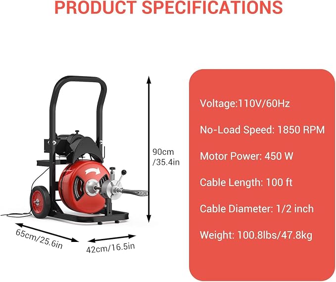 Garvee 100Ft 1/2 Inch Drain Cleaning Machine, 450W Portable Drain Cleaning Machine Auto Feed Electric Sewer Snake, Electric Drain Auger with 6 Cutter Air-Activated Foot Switch for 2" to 4" Pipes