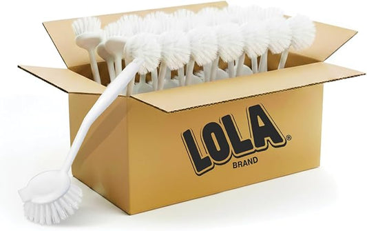 LOLA Dish Brush w/Scraper, 36 Pack, Durable Fiber Non-Scratch Bristles, Ergonomic Non-Slip Grip Handle, for Baked-on & Caked-on Messes