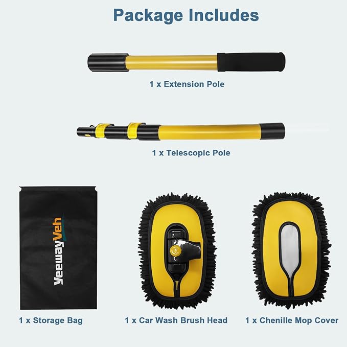 YeewayVeh Car Wash Brush Mop, 55" Long Handle, 15° Curved, Yellow & Black | Extra Microfiber Mop Head, Extension Pole, Scratch-Free Auto Cleaning Kit for Truck, SUV & RV