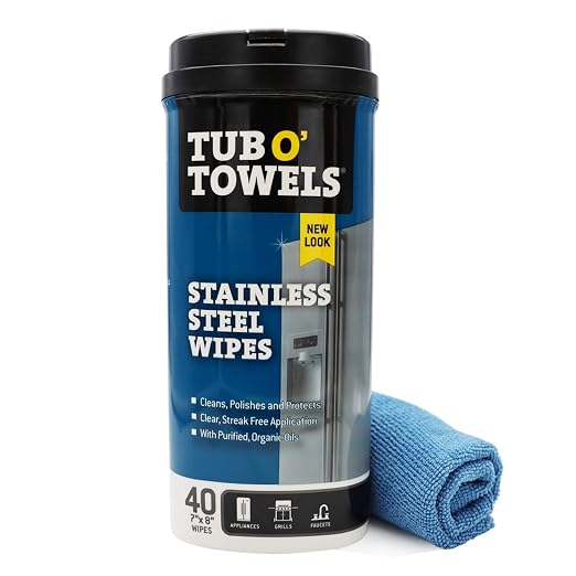 Tub O' Towels Heavy Duty Stainless Steel Cleaner Wipes – 40 Count Cleaning Wipes with 12 x 12 Microfiber Cloth for Appliances, Metal & Kitchen Surfaces