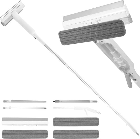 4 in 1 Window Squeegee with Wastewater Tray, Window Cleaner Tool with Spray Bottle, 70.87" Adjustable Extension Pole for Shower Glass & Car Window