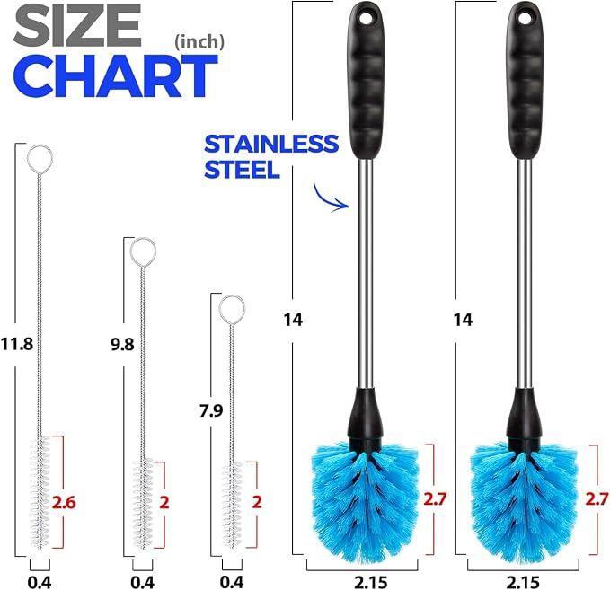 Holikme 5 Pack Bottle Brush Cleaner Set, 14" Long Handle Stainless Steel Bottle Cleaner Brush, 3 Straw Brushes, Bottle Cleaning Brush for Water Bottle, Cups, Baby Bottle, Straws Blue