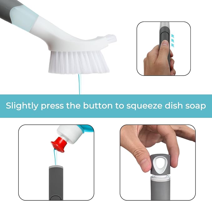 REEWII Dish Brush with soap Dispenser，4 PCS Replacement Brush Refills dishwashing Brush Set for Kitchen Utensils, Pans, Sinks, cookware
