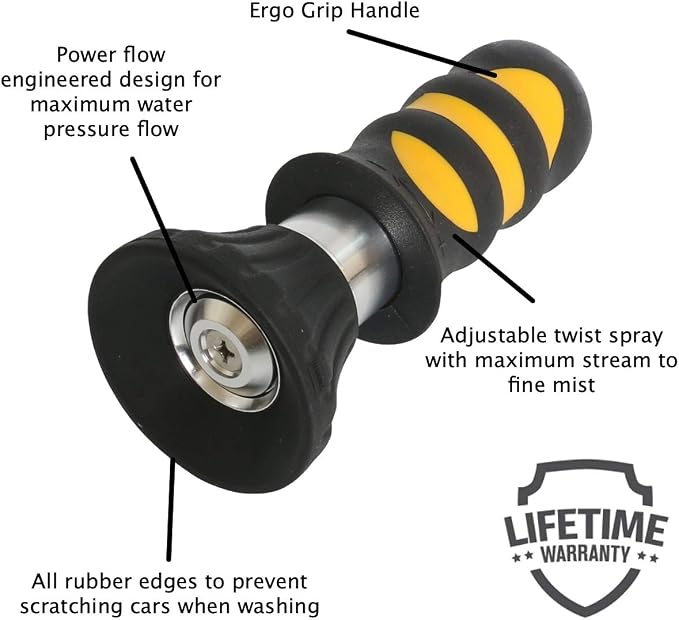 Rocky Mountain Goods Fireman’s Power Spray Nozzle - Heavy Duty High Pressure Fireman Sprayer for Garden Hose - Leakproof Guarantee - Ergo Handle - Adjust Heavy Stream to Mist - Max Water Flow