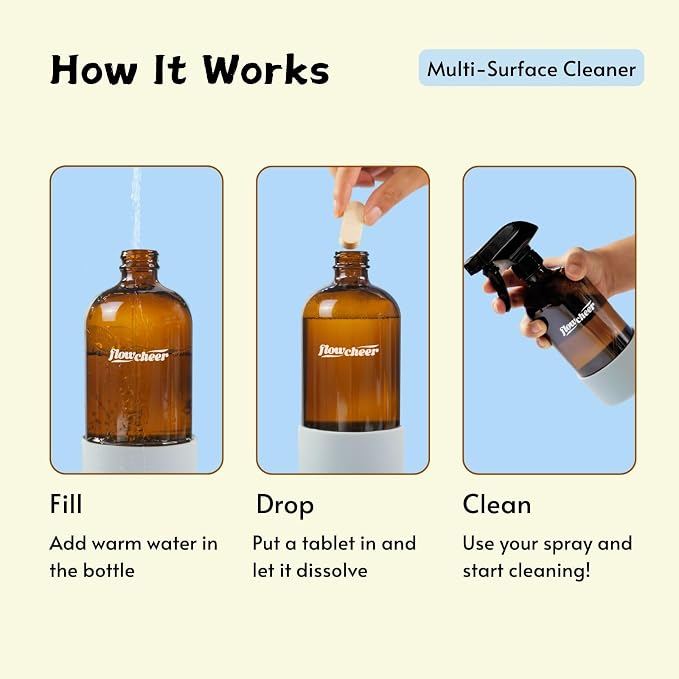 flowcheer MultiPurpose Cleaner Starter Kit-Lemon Scent all purpose cleaner concentrate,cleaning tablets (6 Refill tablets) with Reusable Spray Bottle Multi-Surface Cleaner, 6x17fl oz