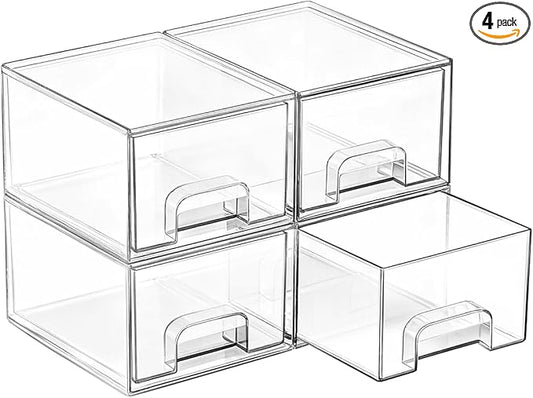 Vtopmart 4 Pack Small Clear Stackable Storage Drawers,Acrylic Bathroom Makeup Organizer,Plastic Storage Bins for Vanity, Undersink, Kitchen Cabinets, Pantry, Home Organization