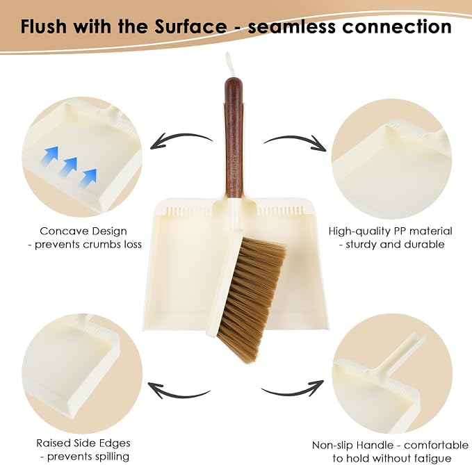 Hand Broom and Dustpan Set,Portable Small Dustpan and Brush Set with Sapele Wood Handle,Teeth Design,Compact Hangable Broom with Dustpan for Cleaning Desktops Kitchen Sofa Pet Hair,Beige