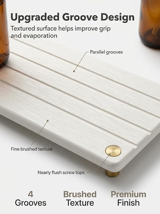 Razborci Instant Dry Sink Caddy Kitchen Sink Organizer, Quick Drying Stone Tray Diatomite Sponge Holder Soap Dish, Bathroom Countertop Fast Dry Water Absorbing Vanity Rack, Gold White, 12" x 5"