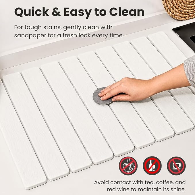 Stone Dish Drying Mat for Kitchen Counter, Large Quick Dry Diatomaceous Earth Stone Drying Mat, Foldable Water Absorbent Dish Drying Mat for Dishes, Cups, Bottles, Kitchen Sink & Countertop (White)