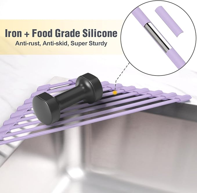 Tomorotec Compact Silicone-Coated Triangle Dish Drying Rack for Sink Corner - Foldable Stainless Steel Over-The-Sink Organizer and Storage Shelf (Light Purple)
