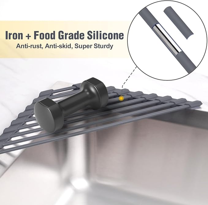 Tomorotec Corner Over the Sink Roll Up Drying Rack, Triangle Sink Dish Rack Mat, Silicone Wrapped Metal (Iron) Rods, Space Saving Dish Drainer, Heat Resistant Non Slip Trivet for Cookware（Deep Gray）