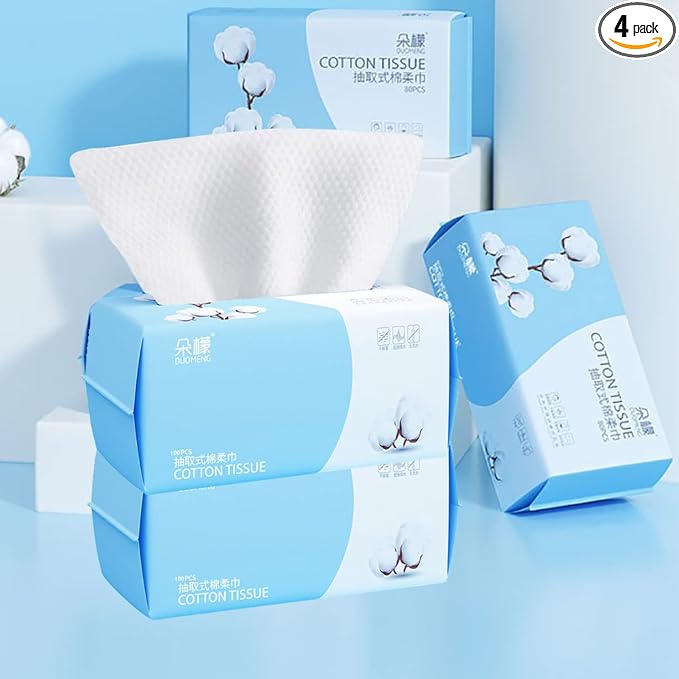 Cotton Facial Dry Wipes 100 Count, Deeply Cleansing Disposable Face Towel Wash Cloth, Multi-Purpose for Skin Care, Make-up Wipes and Facial Cleansing (4 Pack)