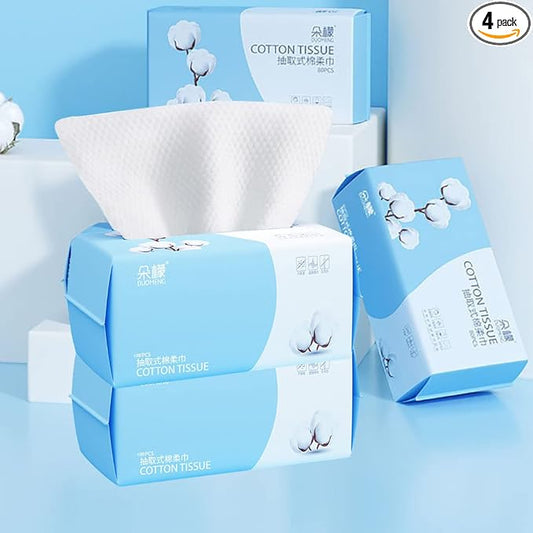 Cotton Facial Dry Wipes 100 Count, Deeply Cleansing Disposable Face Towel Wash Cloth, Multi-Purpose for Skin Care, Make-up Wipes and Facial Cleansing (4 Pack)