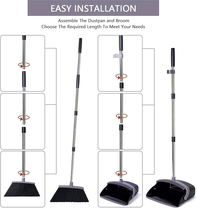 Broom and Dustpan Combo Set,55" Long Handle,Charcoal | Heavy Dust,Dustpans with Broom Combo,House Accessories for Home, Kitchen,Office,Classroom,Apartment,Pet Hair