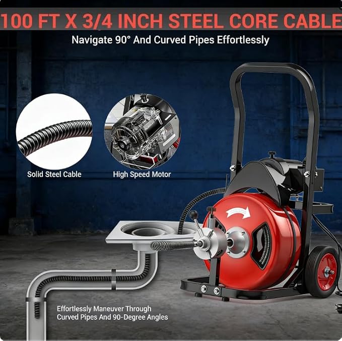 100Ft 3/4 Inch Drain Cleaning Machine. Sewer Snake 750w Auto Feed with 6 Cutter, Portable Drain Cleaning Machine Electric Drain Auger Sewer Auger Air-Activated Foot Switch for 4" to 8" Pipes