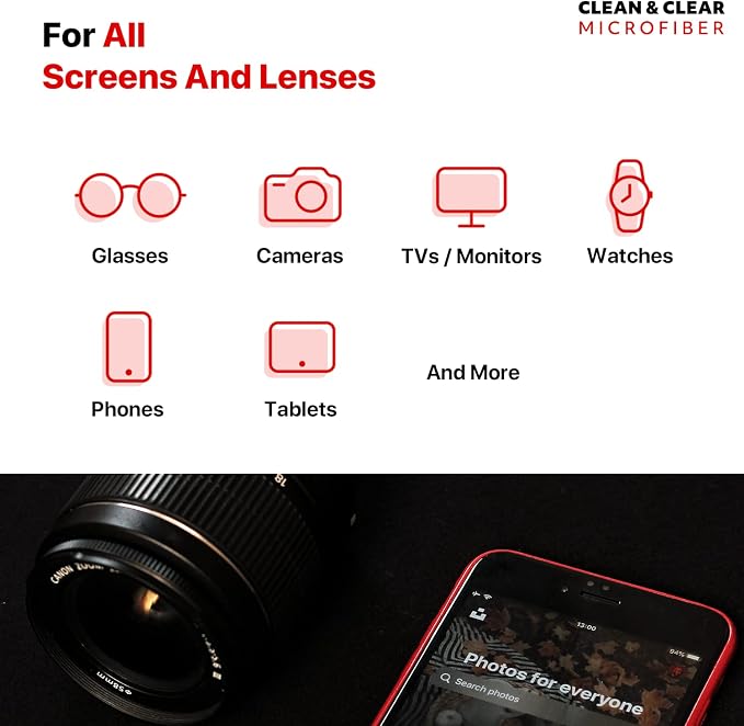 Clean & Clear Microfiber Cleaning Cloth, Extra Large [6 Pack] Ultra Premium Microfiber Cleaning Cloth - Microfiber Cloth for Camera Lens, Glasses, Screens, and All Lens.