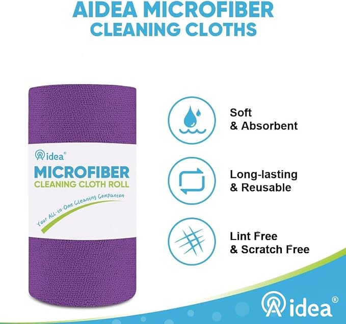 AIDEA Microfiber Cleaning Cloth Roll-50PK, Reusable Paper Towels 11.5×11.5" | Tear Away Cloth, Microfiber Towels for Cars, Lint Free Cleaning Rags for House, Kitchen, Window, Purple