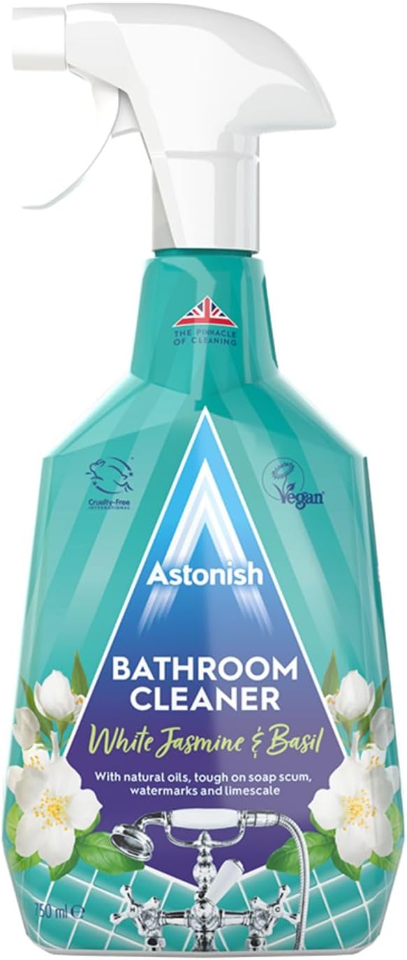 Astonish Streak Free Foaming Bathroom Cleaner Spray Bottle - Deep Cleaning White Jasmine & Basil Scented Spray For Soap Scum, Watermarks & Limescale - Cruelty Free Household Cleaning Supplies, 750 ml