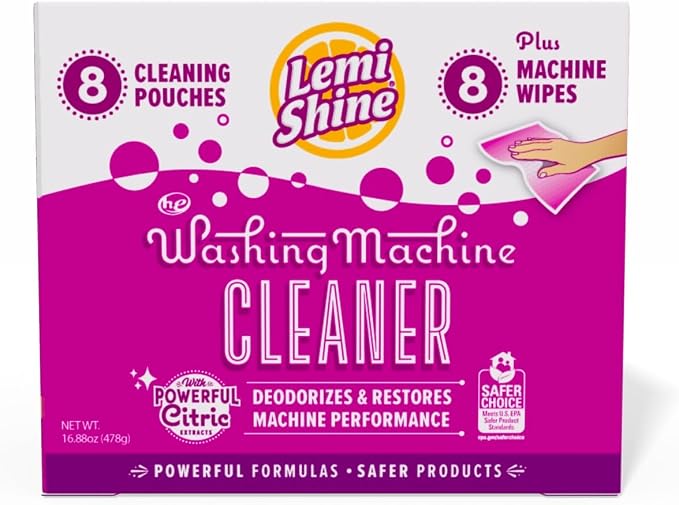 Lemi Shine Washing Machine Cleaner Plus Machine Wipes - 16.88 oz (8 Pack) | Hard Water Citric Acid Cleaning Powder - Includes Machine Cleaning Wipes