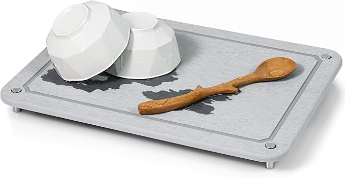 Stone Drying Mat for Kitchen Counter, Diatomaceous Dish Drying Mats Superb Absorbent with Non-Slip Stainless Steel Feet for Dishes, Bottles and more, 15.7"(L)×11.8"(W), Light Grey Square