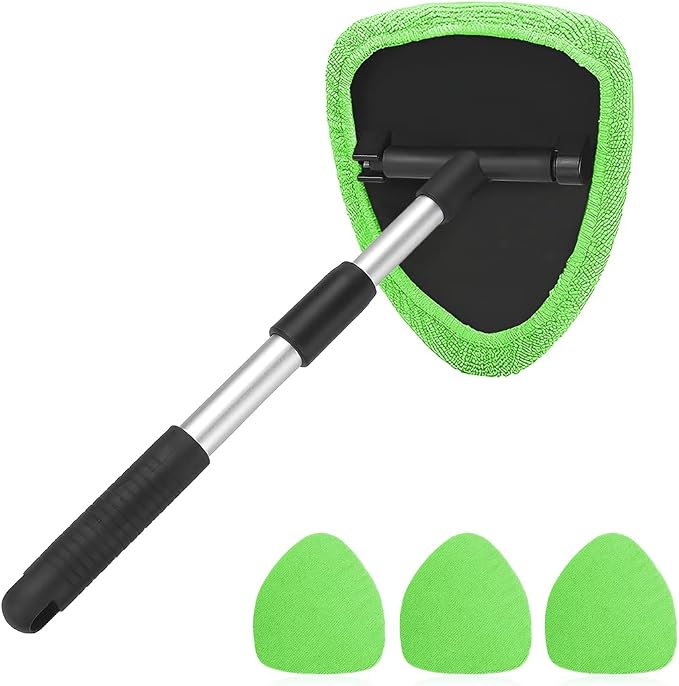 Extendable Car Windshield Cleaning Tool with Microfiber Pads, Green | reusable glass-wiper design, interior and exterior window use, fits most cars, SUVs, and trucks, automotive cleaning tools
