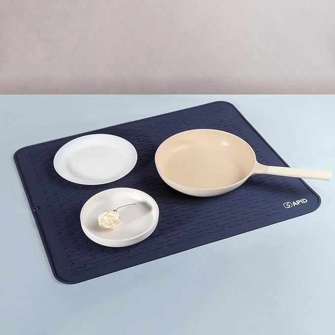 Extra Large 30 x 24 Inch Silicone Dish Drying Mat for Dish Drying Rack, Easy Clean Silicone Drying Mat for Kitchen Counter, Non-Slip Dish Drain Mat , Heat Resistant Silicon Dish Mat, Navy Blue, SAPID
