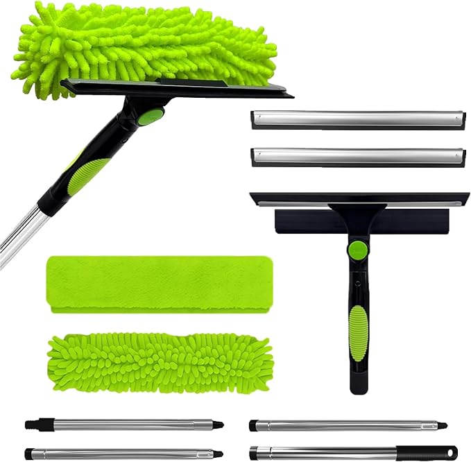 Window Squeegee Cleaner Tool, 67" 2-in-1 Rotatable Window Cleaning Kit with Stainless Steel Splicing Pole Streak Free Squeegee & Scrubber for Indoor Outdoor High Window Car Glass (Green)