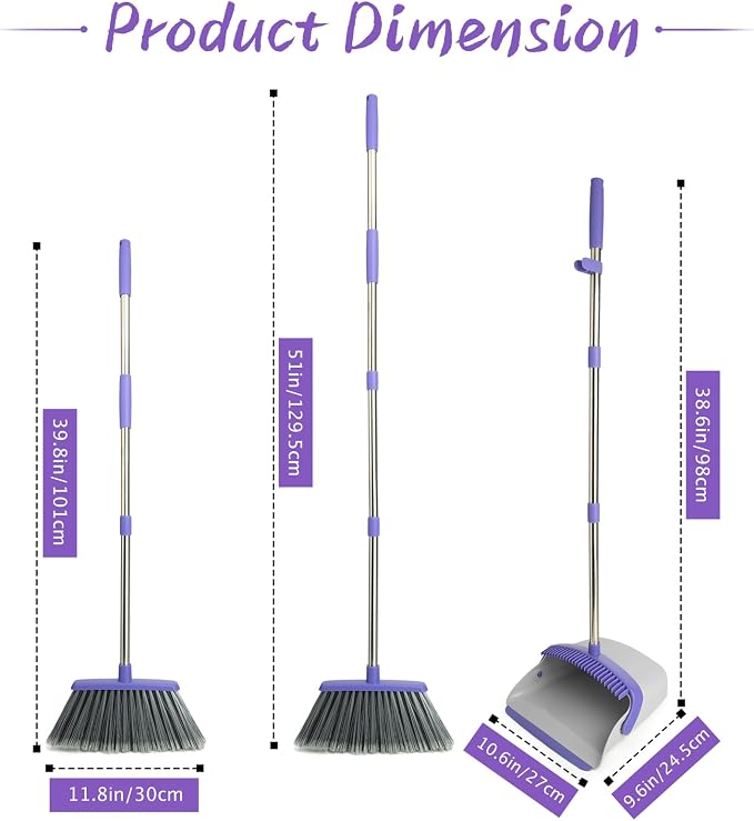 Broom and Dustpan Set with 51" Adjustable Long Handle-Gray Purple | Long Handle and Standing Dust Pan with Comb Teeth, Efficient Floor Cleaning for Kitchen, Outdoor, Dorm, Apartment, Office