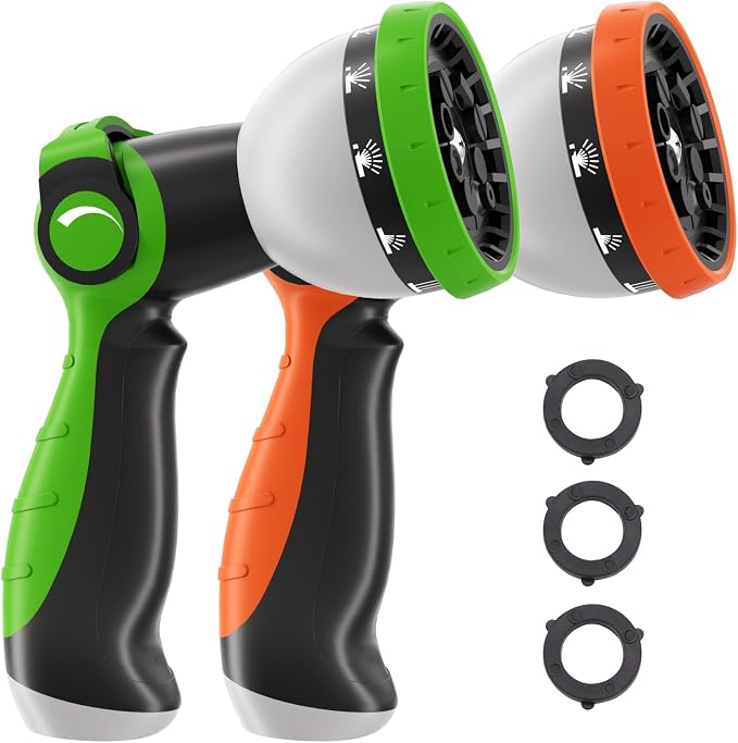 Besiter Garden Hose Nozzle, Hose Sprayer Nozzle with 10 Spray Patterns, Thumb Control On Off Valve,2 Pack Heavy Duty Metal Water Hose Nozzle for Car Wash, Plants, Pets & Outdoor Cleaning Green Orange