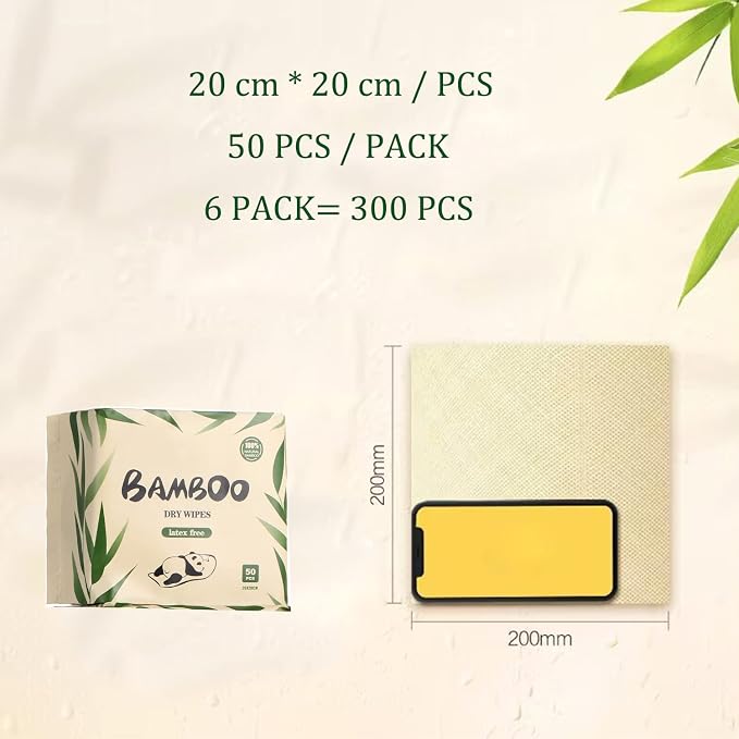 LEKOCH Bamboo Dry Wipes - 100% Biodegradable & Hypoallergenic | Makeup Remover & Baby Wipes | 6 Packs (300 Count, 8x8 Inches) | Ultra Soft for Wet/Dry Use