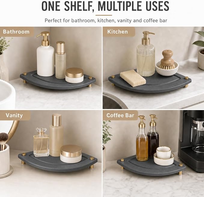 Corner Counter Shelf, Water Absorbing Stone Drying Tray Mat for Kitchen & Bathroom Sink, Diatomaceous Gold Faucet Coaster Soap Dish Rack Riser Dispenser Sponge Holder, Dark Gray, 8.5" x 8.5"