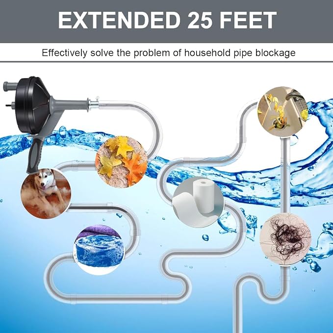 Drain Auger, Clog Remover with Drill Adapter, 25 Feet Flexible Plumbing Snake Use Manually or Powered for Kitchen,Bathrom and Shower Sink, Comes with Gloves(Gray)