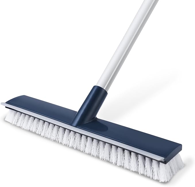 BOOMJOY Floor Scrub Brush with 57" Long Handle, 12" Wide Head, 2 in 1 Scrape and Brush, Stiff Bristle for Cleaning Bathroom, Patio, Kitchen, Tile, Wall and Deck