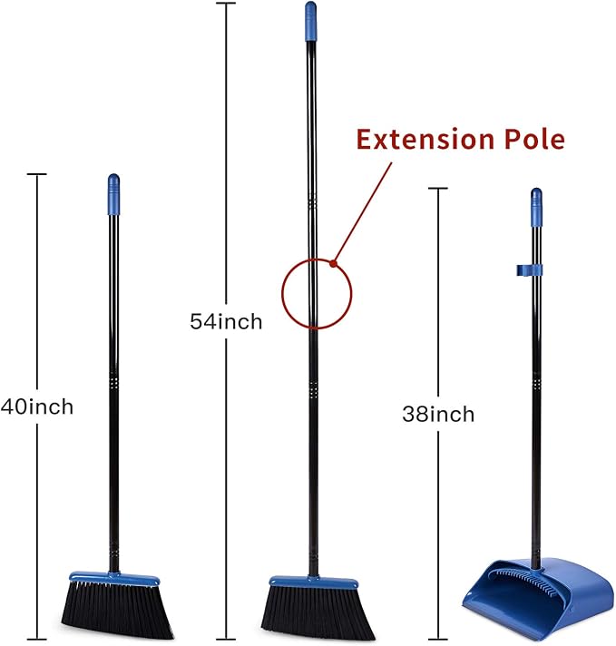 Long Handled Dustpan and Brush, Broom and Dustpan Set, Household Dust pan Combo with 54 Inch Handle for Indoor Outdoor Household Cleaning and Sweeping (Blue)