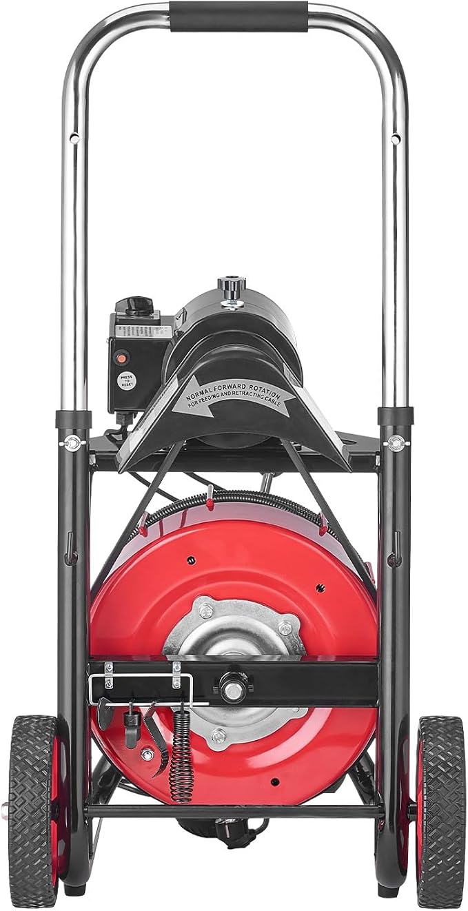 VEVOR Drain Cleaner Machine 100FT x 3/8 Inch, Auto Feed Sewer Snake Auger on Wheels, 370W Portable Drain Cleaning Machine with 8 Cutters & Air-activated Foot Switch for 2" to 4" Pipes
