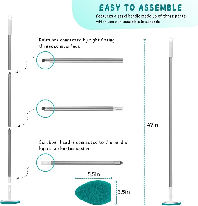 Shower Scrubber with Long Handle, 47'' Bathtub Scrub Brush, Bathroom Tub and Tile Cleaning Tool with 6 Refill Pads