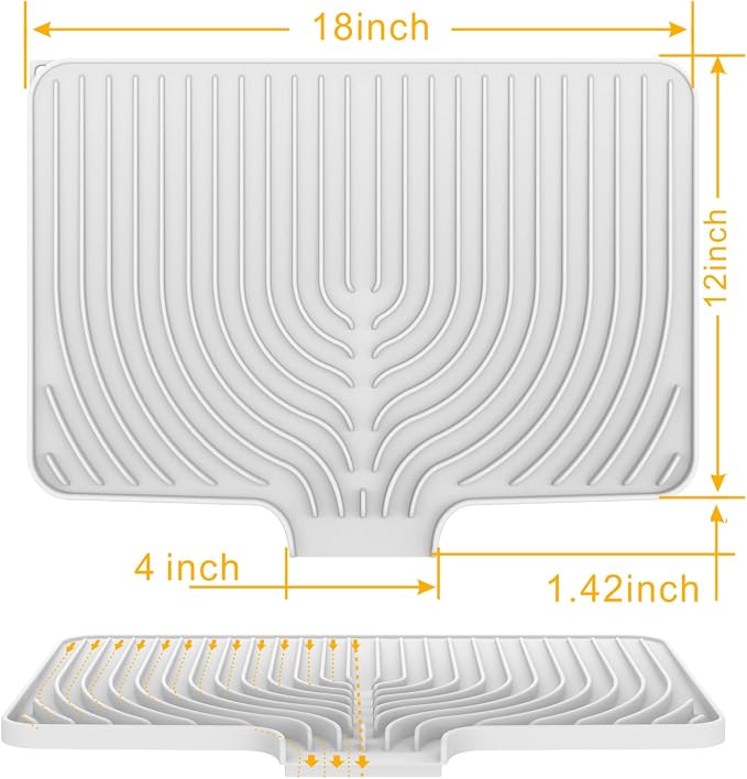 Dish Drying Mat for Kitchen Counter, 18"x12" Dish Drying Rack(white) | Various Sizes & Colors,Steep-Slope Built in Drain,High-fin Ventilation,Food-grade Silicone,500F heat resistant,for Flat sinks