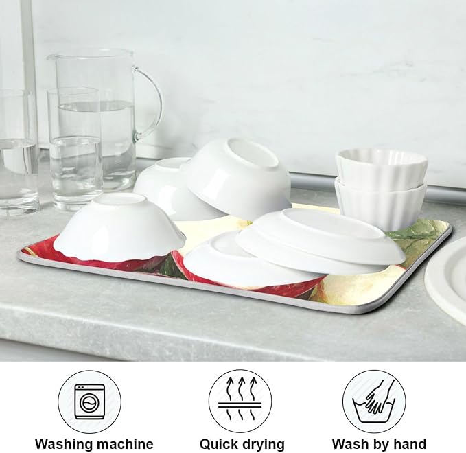 Leaves Red Apples Dish Drying Mat 16 X 18 Inch Natural Fresh Fruits Dry Dishes Pads Tableware Mats Absorbent Microfiber Protector for Kitchen Countertops Counter Home Decorations