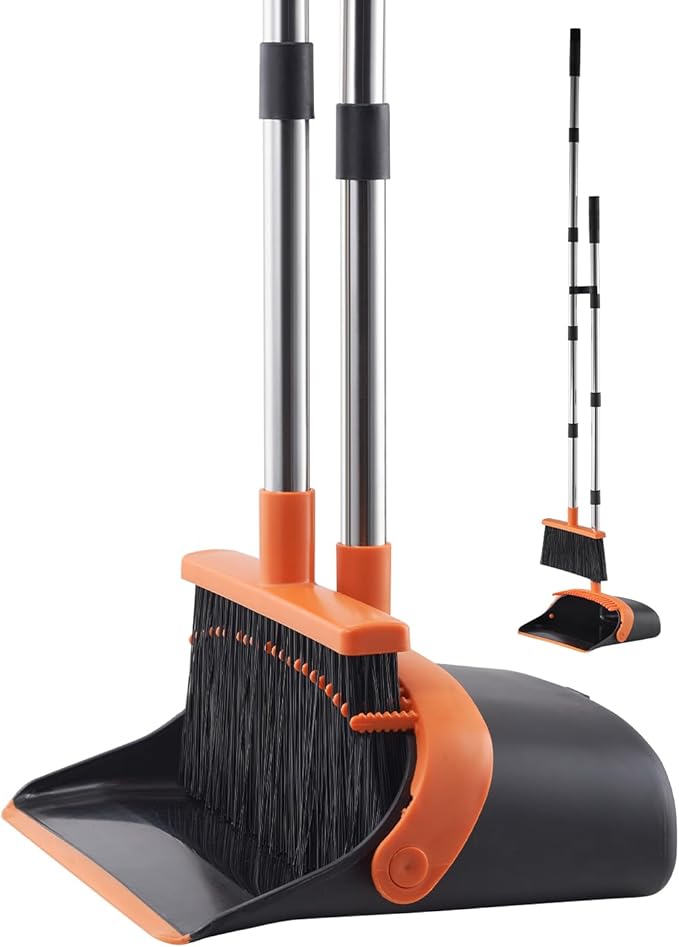 VEVOR Broom and Dustpan Set, Heavy Duty Dustpan and Broom Combo with Self-Cleaning Teeth, Metal Upright Standing Dust Pan with Long Handle, Ideal for Home, Restaurant, Office, Dorm, Black+Orange