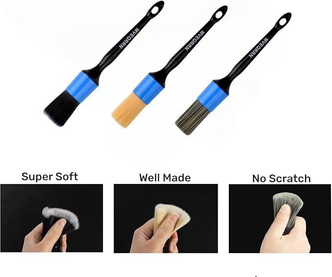 MVEQRRN 3pcs Car Detailing Brush Set,Boars Hair Detailing Brush Blue | Ultra Soft Car Detailing Brushes for Air Vents,Leather Seats,No Scratch Auto Detail Brushes for Interior Exterior